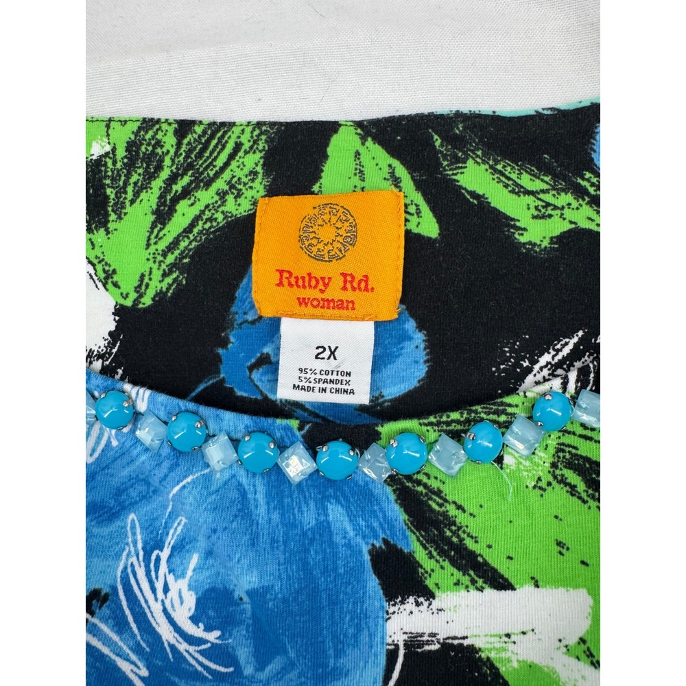 Ruby Rd Woman 2X Floral Knit Top Blue‎ Green Beaded Neck 3/4 Sleeve 95657 NEW - Picture 7 of 7